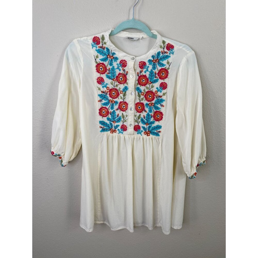 Max Womens Ivory Embroidered Rayon Tunic Top XL Rayon Floral Design Scoop Neck - Picture 2 of 6